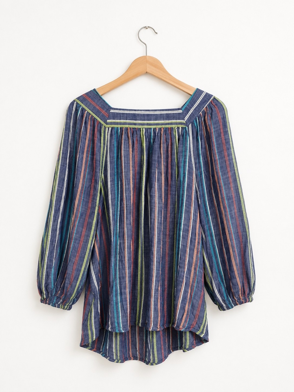 Boho Striped Peasant Blouse Blue Square Neck Puff Sleeve Top Woman's - Picture 3 of 6